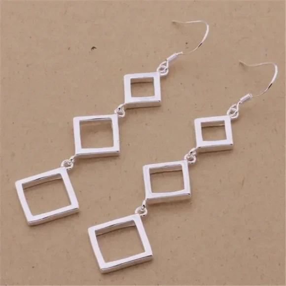 Gorgeous Hypoallergenic Hanging Squares 925 Sterling Silver 3 Inch Long Earrings - Picture 2 of 6